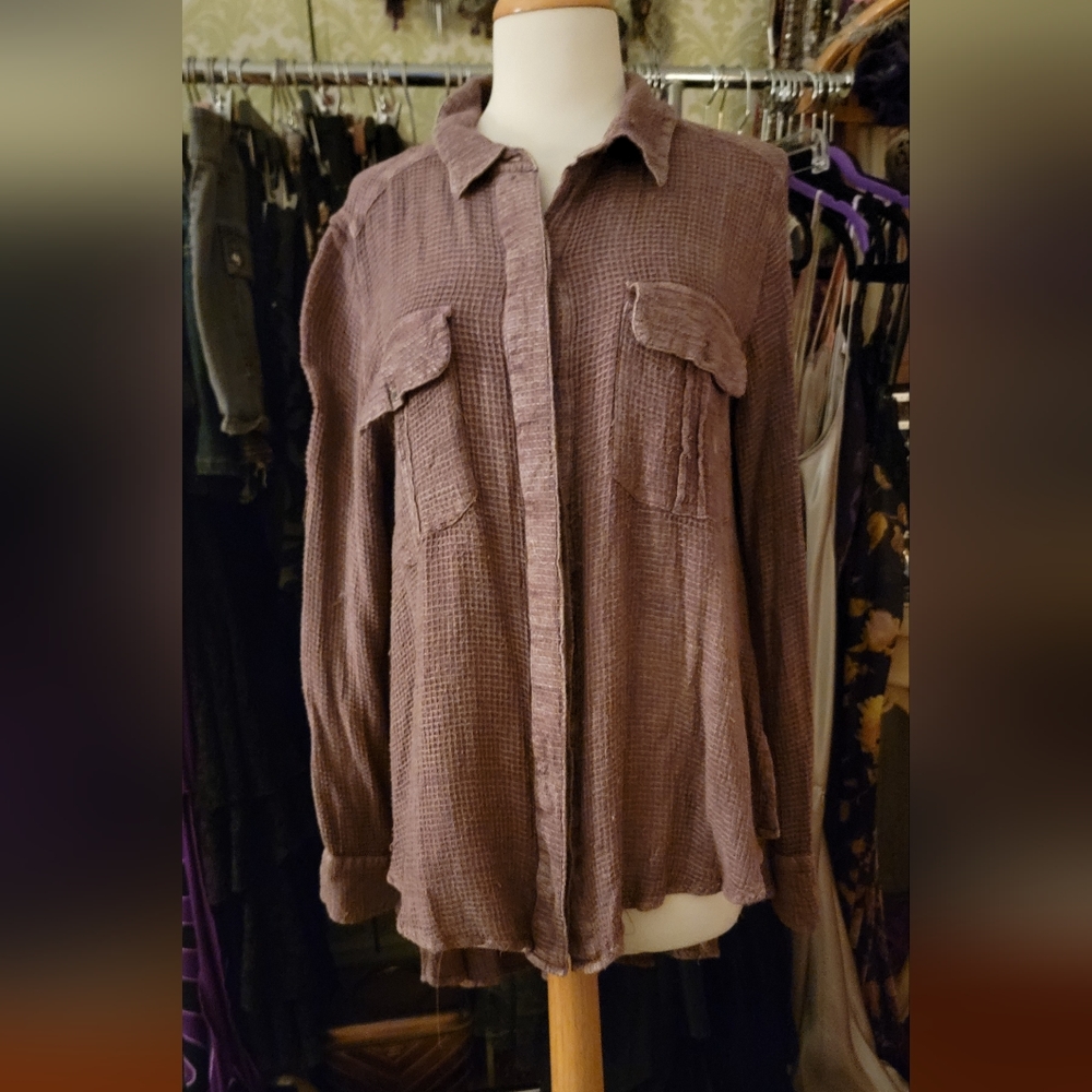 Free People Mauve Waffle Knit Utility Shirt